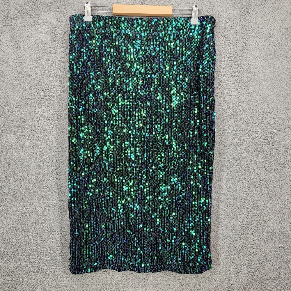 LOST INK Women's Size 1X Black Green Sequin Midi Length Zip Closure Pencil Skirt
